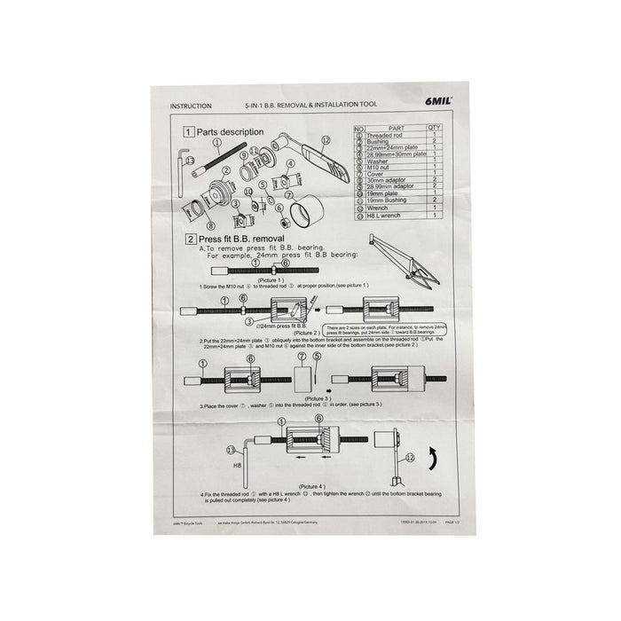 Instruction sheet for the 6MIL BT-01 Bottom Bracket Installation/Removal Tool with labeled parts, step-by-step diagrams, and a parts table; perfect for press-fit bottom bracket tool applications.