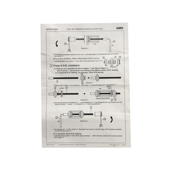 Instruction sheet for the 6MIL BT-01 Bottom Bracket Installation/Removal Tool, with diagrams and step-by-step directions—perfect for BMX and press-fit bottom bracket installation or removal.