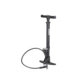 The 6MIL FP-01 Floor Pump, black with a high-pressure gauge, twin head, hose, and handle, stands upright on a white background.