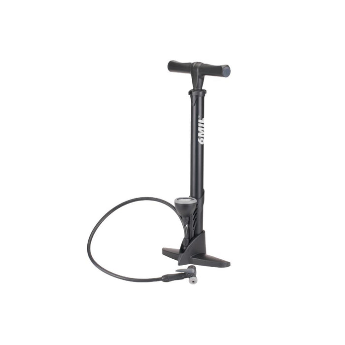 The 6MIL FP-01 Floor Pump, black with a high-pressure gauge, twin head, hose, and handle, stands upright on a white background.