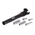 A 6MIL MT-01 Multi Tool in black, featuring five interchangeable chrome vanadium steel socket and bit attachments, displayed on a white background.