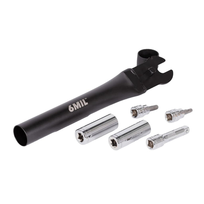 A 6MIL MT-01 Multi Tool in black, featuring five interchangeable chrome vanadium steel socket and bit attachments, displayed on a white background.