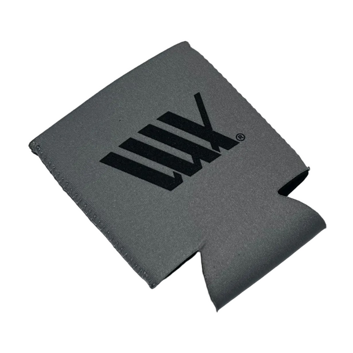The LUXBMX Stubby Cooler / 88 is a gray can cooler with a black "WIX" logo on one side, displayed flat on a white background. This stylish accessory keeps your drink cold and is perfect for any beverage.