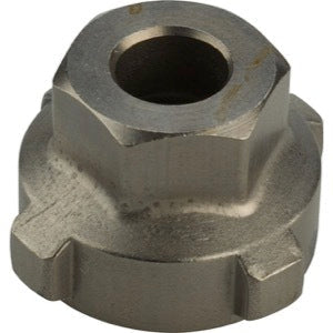 The ACS PAWS Freewheel Removal Tool-compatible hexagonal nut features a central hole and three raised ridges at the base, designed for secure use with freewheel removers, shown against a white background.