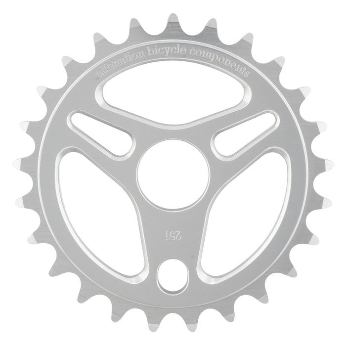 The Alienation Enterprise Sprocket is a silver aluminum chainring with three cutout spokes, CNC machined for precision, and features the engraved text "alienation bicycle components 23T" on a white background.