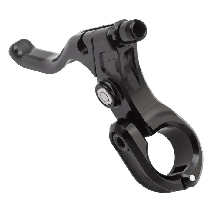 The Alienation Fulcrum Brake Lever, shown in black with a hinged clamp for easy handlebar attachment, is displayed against a white background.