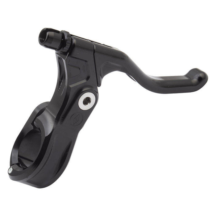 The Alienation Fulcrum Brake Lever, made from CNC 6061 T6 black metal with a mounting clamp and adjustable threaded barrel, is shown against a white background.