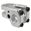 Two silver Alienation Iron Maiden Stem 7075-T6 CNC machined clamps with black hex bolts are placed side by side on a plain white background.