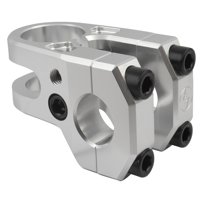 Two silver Alienation Iron Maiden Stem 7075-T6 CNC machined clamps with black hex bolts are placed side by side on a plain white background.