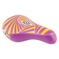 The Alienation Psycho Pivotal Seat is a BMX seat with a purple and yellow spiral design, geometric center logo, and durable faux leather finish.