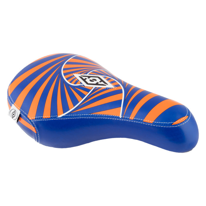 The Alienation Psycho Pivotal Seat is a BMX bike seat with a blue base and an orange-blue spiral pattern, highlighted by a white geometric center logo and made from premium faux leather.