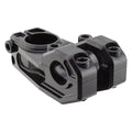 The Alienation Vault Stem is a black metal bicycle stem featuring multiple bolt holes and a sleek, angular design for securely attaching handlebars to your bike.