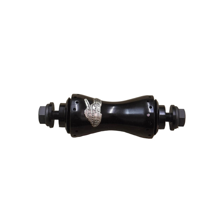 The Animal Sherman Front Hub in black with a silver logo features sealed bearings, threaded axle ends, and multiple spoke holes. It is photographed on a white background.