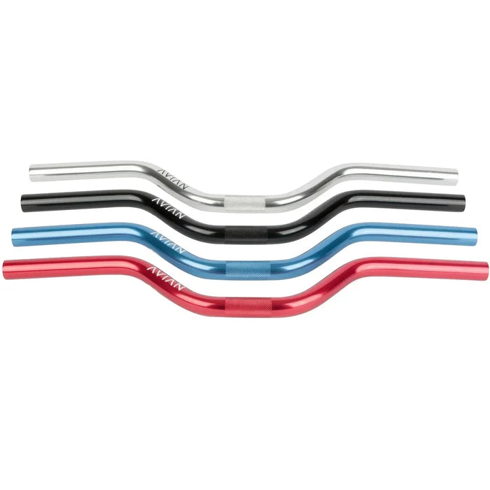 Four Avian Alloy Race Bars 3 Inch (22.2mm Clamp) in silver, black, blue, and red are stacked horizontally. Each bar features a slight upward curve and the “AVIAN” brand name printed on one side, making them ideal for mini and junior race bikes.