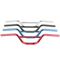 Four Avian Alloy Race Bars 6.5 Inch (22.2mm Clamp) for expert/XL race bikes—in silver, black, blue, and red—are stacked on top of each other against a white background.