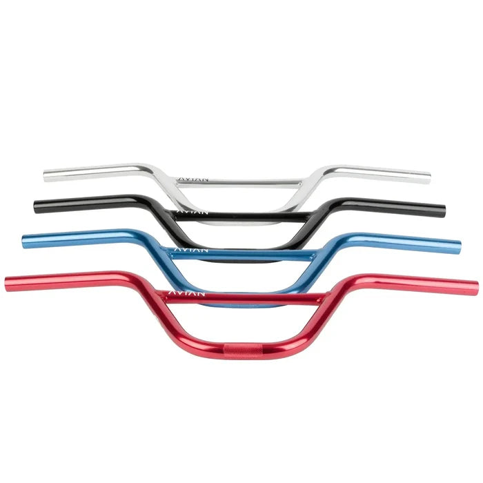 Four Avian Alloy Race Bars 6.5 Inch (22.2mm Clamp) for expert/XL race bikes—in silver, black, blue, and red—are stacked on top of each other against a white background.