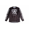 A man wearing the Backbone 2026 Gnar Drip Jersey: a black, lightweight, breathable top with a skull and crossbones graphic, checkerboard sleeves, and "Backbone" plus "Real Deal Bicycle Motocross" printed on it.