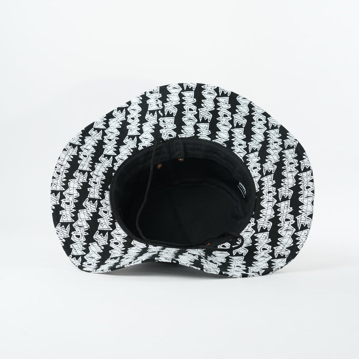 The Backbone AO Boonie is a black bucket hat featuring a white graffiti-style pattern, inspired by Backbone BMX, shown from above on a plain white background.