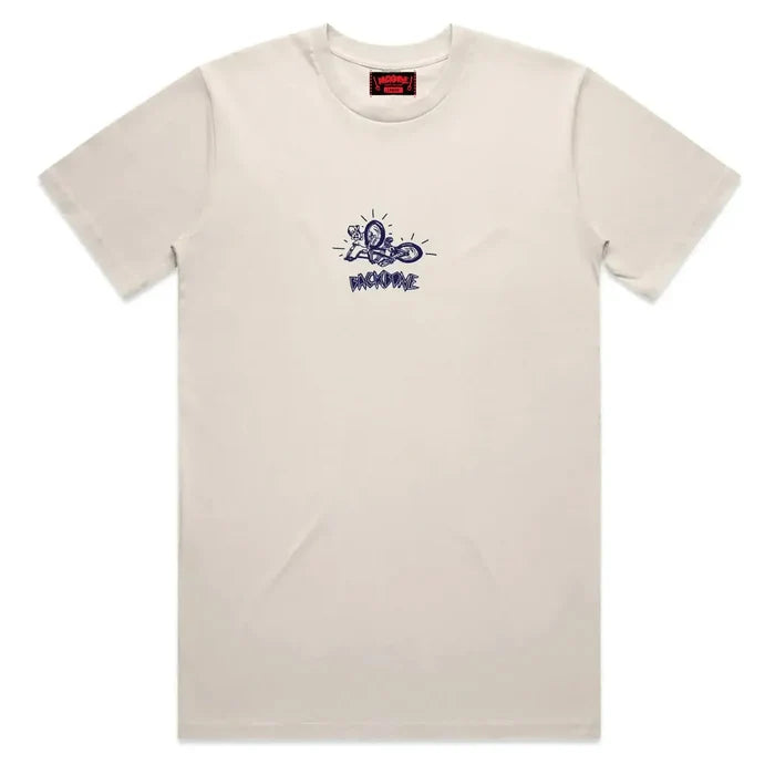 The Backbone Fold ‘n’ Hold T-Shirt is a beige short-sleeve tee made from premium cotton, featuring a small blue graphic and “KIKOME” printed on the chest, with a red tag inside the collar. This stylish BMX t-shirt from Backbone BMX is perfect for casual rides and everyday wear.