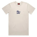 The Backbone Fold ‘n’ Hold T-Shirt is a beige short-sleeve tee made from premium cotton, featuring a small blue graphic and “KIKOME” printed on the chest, with a red tag inside the collar. This stylish BMX t-shirt from Backbone BMX is perfect for casual rides and everyday wear.