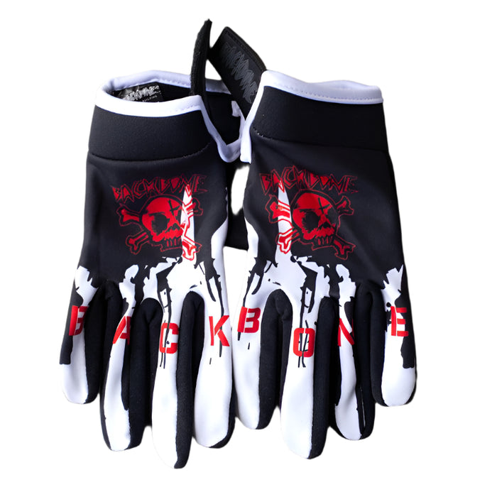 The Backbone Gnar Drip Adult Gloves, made of lightweight spandex, feature a black and white design with a red skull and the words "BACKBONE GNAR DRIP," displayed on a concrete surface.