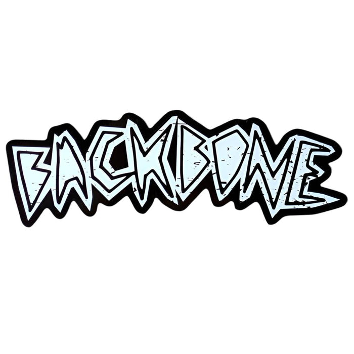 The sticker features graffiti-style text "BACKBONE" in blue with black outlines on a white background, similar to a Backbone Logo Die Cut Sticker.