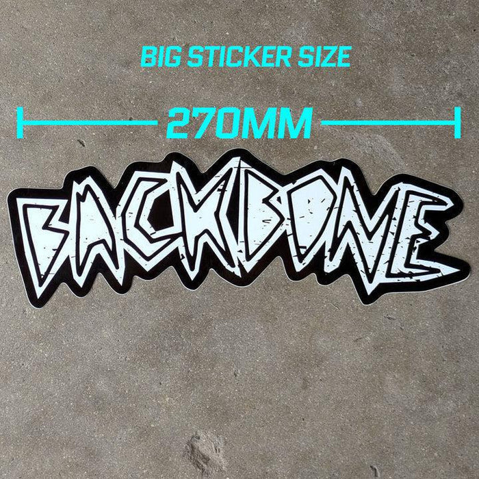 The Backbone Logo Die Cut Sticker features the word "BACKBONE" in a stylized white font on black, ideal for your frame downtube, with text above reading "BIG STICKER SIZE 270MM.