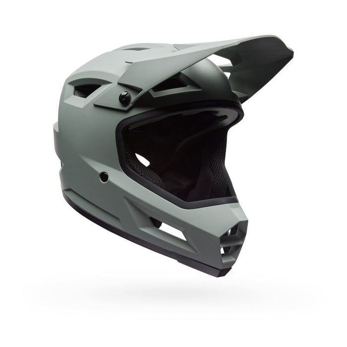 The Bell Sanction 2 Dark Grey is a matte gray full-face helmet with a visor, vent openings, and padded interior—shown in left-side profile view—ideal as an entry-level choice for motocross or mountain biking.