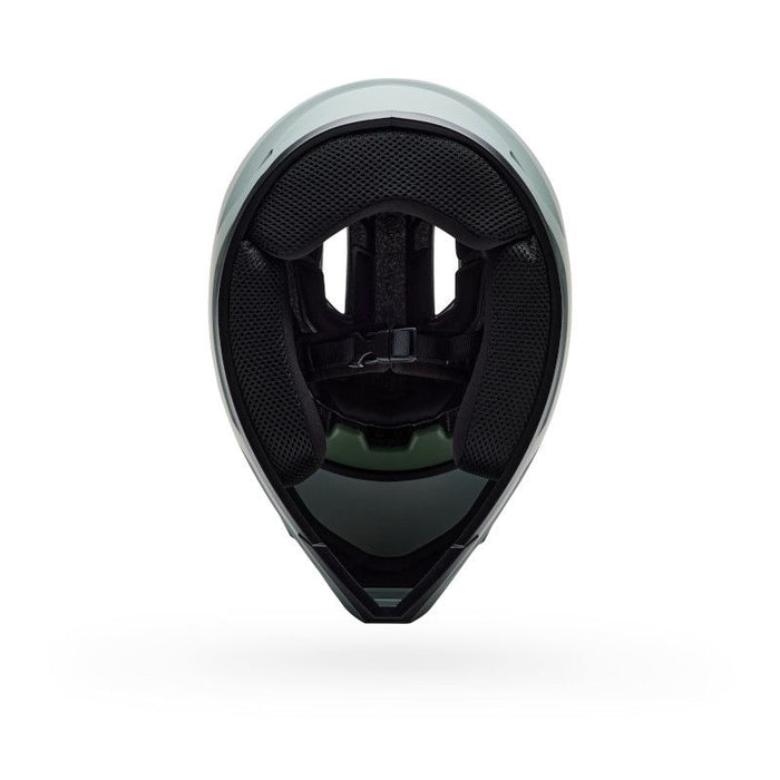 Front view of the Bell Sanction 2 Dark Grey helmet, an entry-level model, showing interior padding, chin strap, and ventilation openings against a white background.