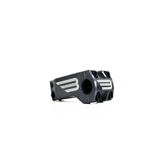 The Beringer Elite Frontload Stem is a gray BMX stem with silver accents and black bolts, displayed on a plain white background—ideal for riders looking for premium race components.