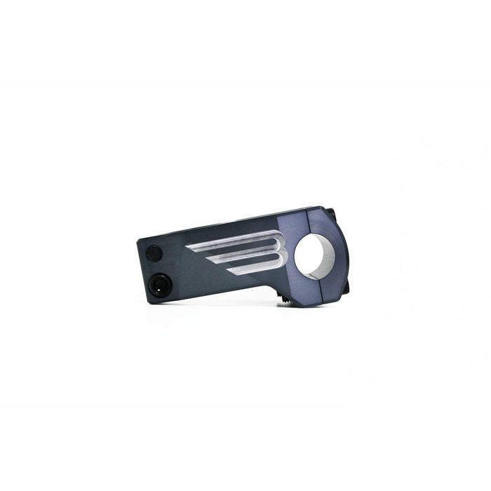 The Beringer Elite Frontload Stem, a high-performance BMX stem featuring a metallic finish, circular end hole, two black screws, and engraved lines, is displayed against a white background—perfect for race setups.