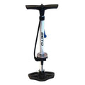 The Beto King Cobra Floor Pump is a sleek silver tool featuring a black handle and base, equipped with a pressure gauge, an attached hose, and a SMART valve head capable of reaching up to 160 PSI.