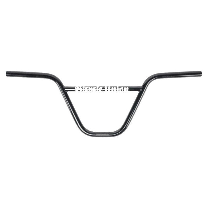 Bicycle Union Motorcade Bars (22.2mm Clamp) are black BMX handlebars featuring a distinctive upward and outward bend and a classic 2-piece design, displayed against a white background.