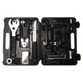 The Bike Repair Tool Kit - 21 Piece Set features a black plastic case that opens to reveal wrenches, pliers, Allen keys, and more bike repair tools, all neatly organized in molded slots.