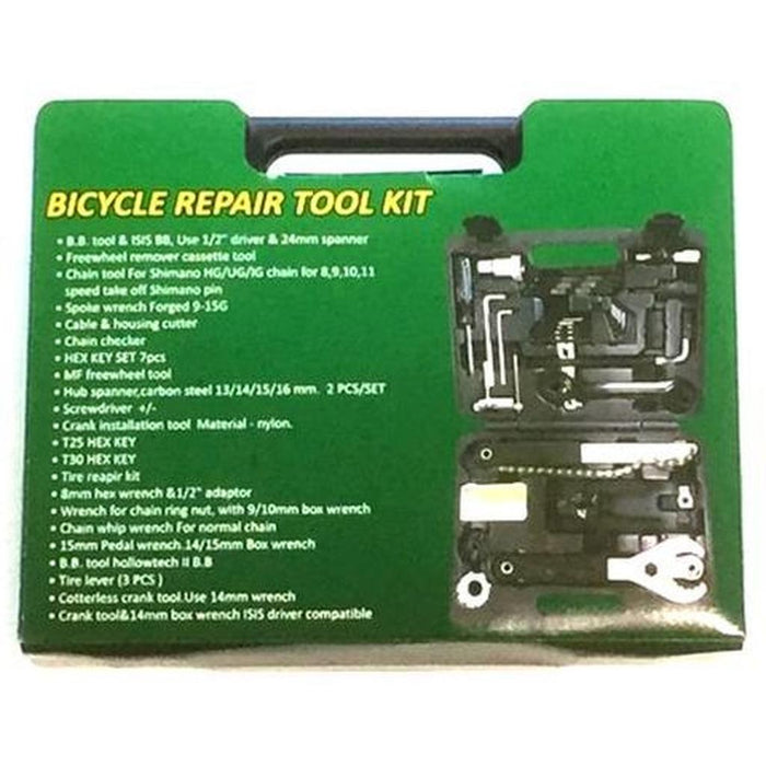 Bike Repair Tool Kit - 21 Piece Set in a black case with various repair tools and a yellow label listing included items and compatible parts.