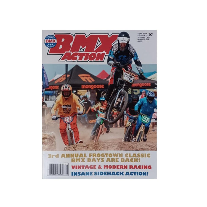 BMX Action Neo Magazine cover, the Most Factory Magazine, features cyclists racing on a dirt track at the 3rd Annual Frogtown Classic with event and feature headlines.