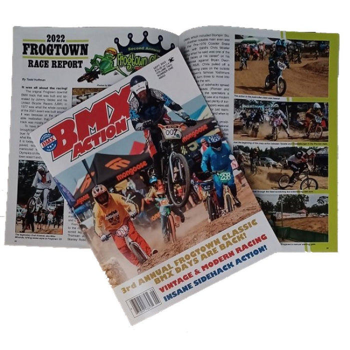 The BMX Action Neo Magazine features an open page displaying the 2022 Frogtown Race Report, complete with photos of BMX riders competing on dirt tracks.