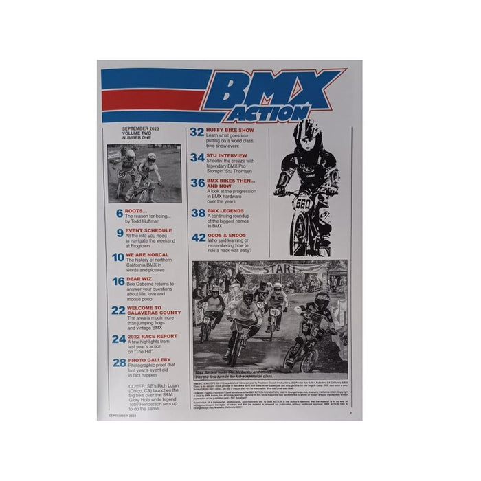Cover page of BMX Action Neo Magazine featuring a table of contents, event schedule, and black-and-white photos capturing BMX riders in action during competitions.