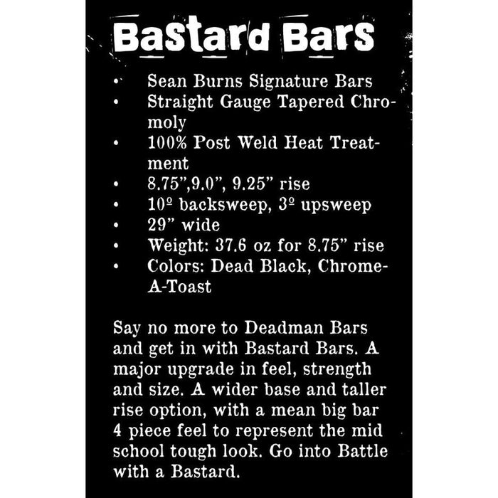 Black and white product info sheet for Bone Deth Bastard Bars (22.2mm Clamp) lists specs, features, and a brief description, highlighting size, color options, and unique attributes for this BMX handlebar. Perfect for riders seeking durability and style in their bike handlebar choice.