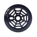 The Bone Deth Webslinger Sprocket, with its spider web cutout and engraved text and symbols around the edge, is a striking and durable addition to any bike.