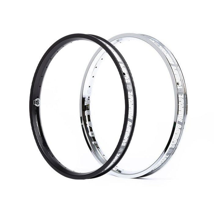 A pair of black and white BSD Aero Pro rims on a white background, showcasing their aerodynamic styling and strength.