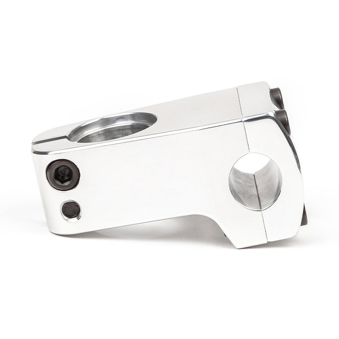 The BSD Dropped Front Load Stem (22.2mm Clamp) is a silver metal BMX stem with two black bolts, featuring a dropped front load design to connect handlebars to the fork tube; it is shown on a white background.
