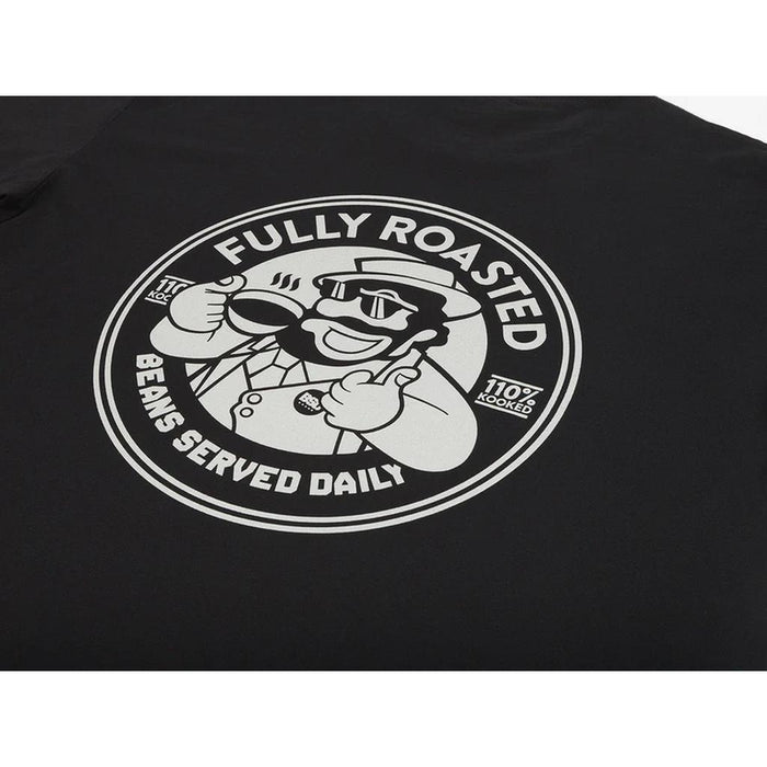 The BSD Fully Roasted T-Shirt features a logo on a black background with a cartoon enjoying coffee, alongside the text "Fully Roasted Beans Served Daily" and "110% Hooked.