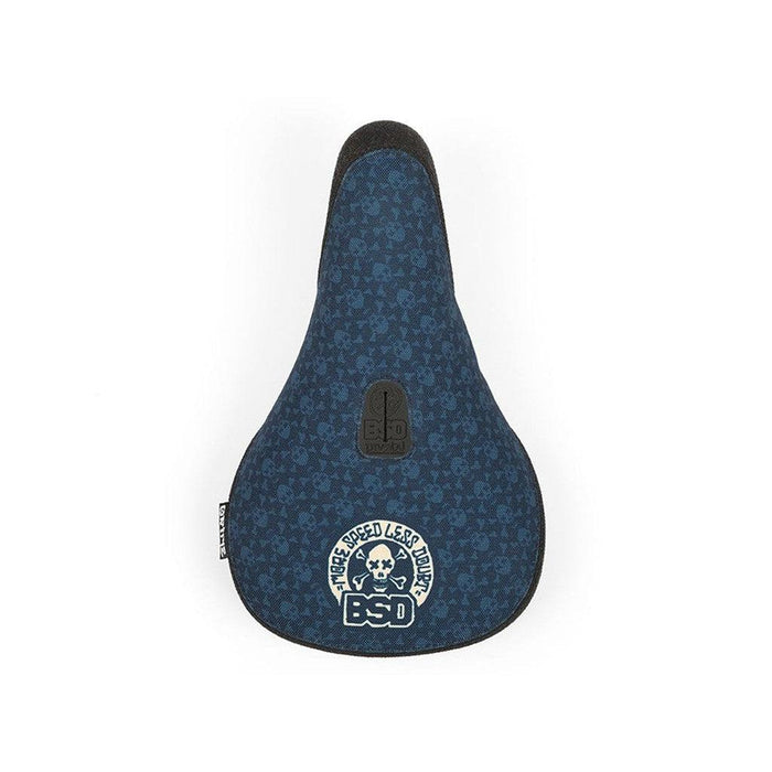 A BSD Grime (Denim Cox) Pivotal Seat with a skull and crossbones design, perfect for cyclists who crave speed and want to make a bold statement.