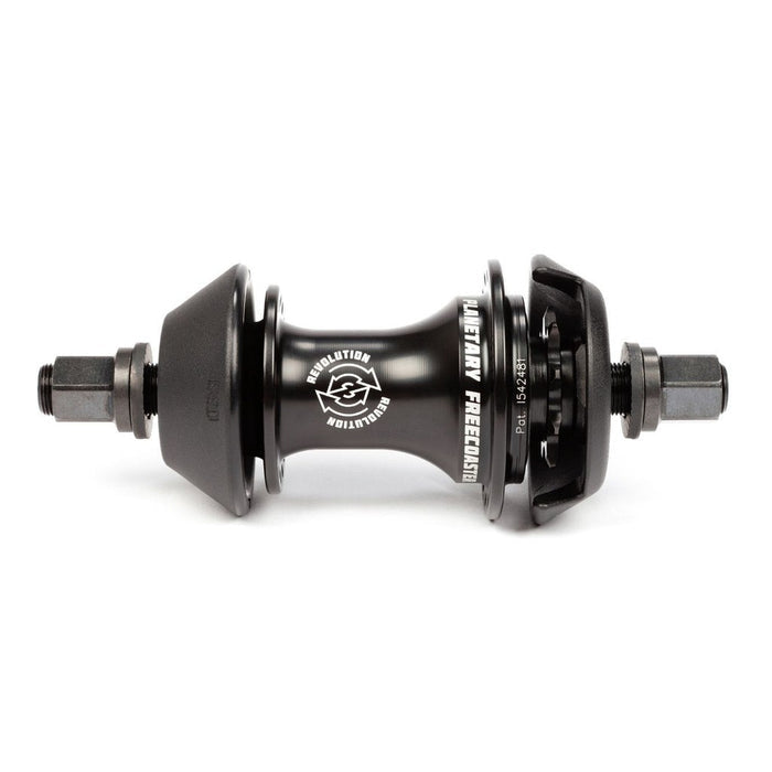 The BSD Revolution Rear Freecoaster Hub boasts a stylish black anodized finish, features a planetary clutch system, hexagonal ends and bolts, and is labeled "Revolution" on a crisp white background.