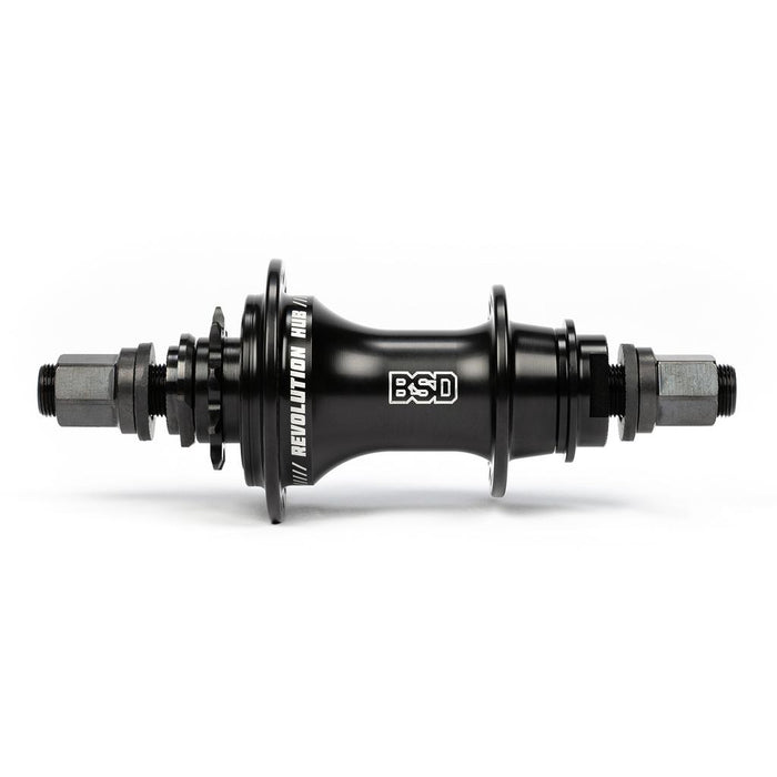 The BSD Revolution Rear Freecoaster Hub in black features a planetary clutch system, flanged ends, sturdy bolts, and visible branding against a white background.