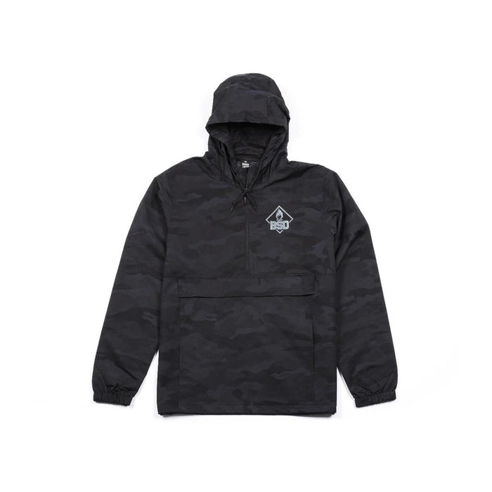 The BSD Roastin Jacket is a black camo water-resistant windbreaker featuring a half-zip front, spacious front pocket, and a logo on the left chest. Made from waterproof nylon fabric.