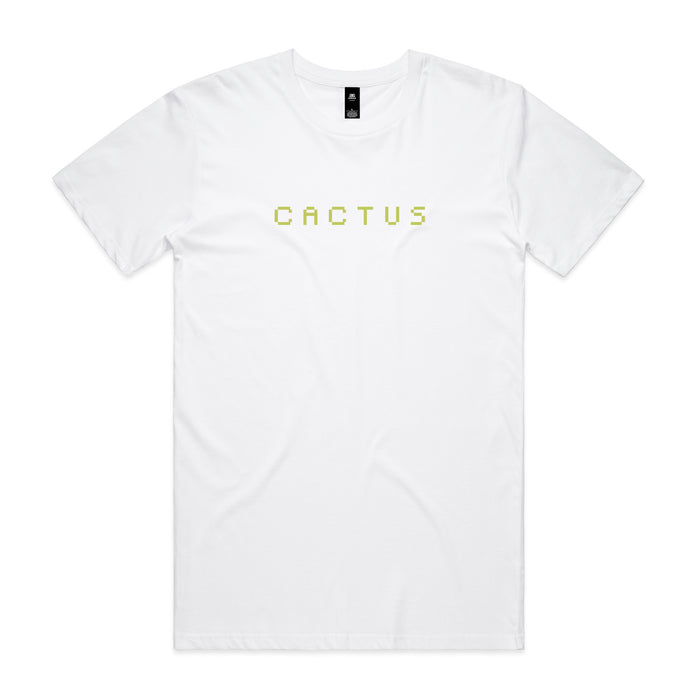 The Cactus BMX Mag 8 Bit T-Shirt White features limited edition pixel-style "CACTUS" lettering, perfect for fans of unique, retro branding.