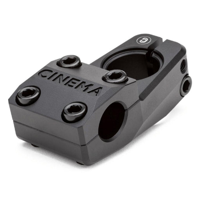 The Cinema Analog High Top Load Stem (22.2mm Clamp) is a black CNC-machined BMX stem with “CINEMA” engraved on the top, featuring five bolts and a hollow circular opening for handlebar attachment.