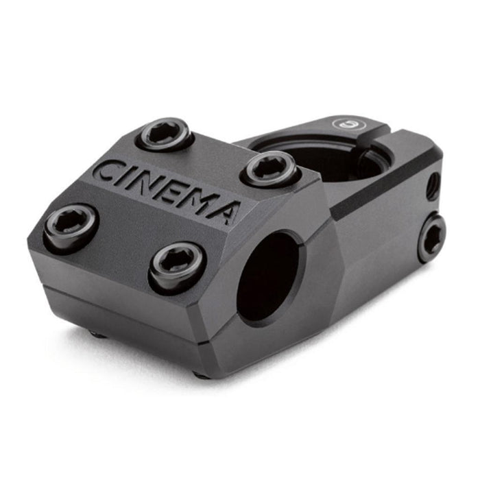 Cinema Analog Low Top Load Stem (22.2mm Clamp) in black, CNC machined with “CINEMA” engraved on the front, featuring a low top load design and a four-bolt front plate for secure handlebar attachment.